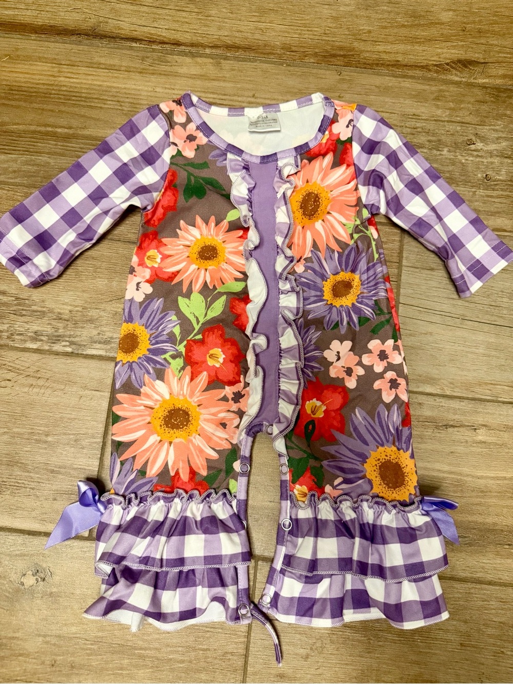Purple Gingham & Floral Ruffle Baby Romper